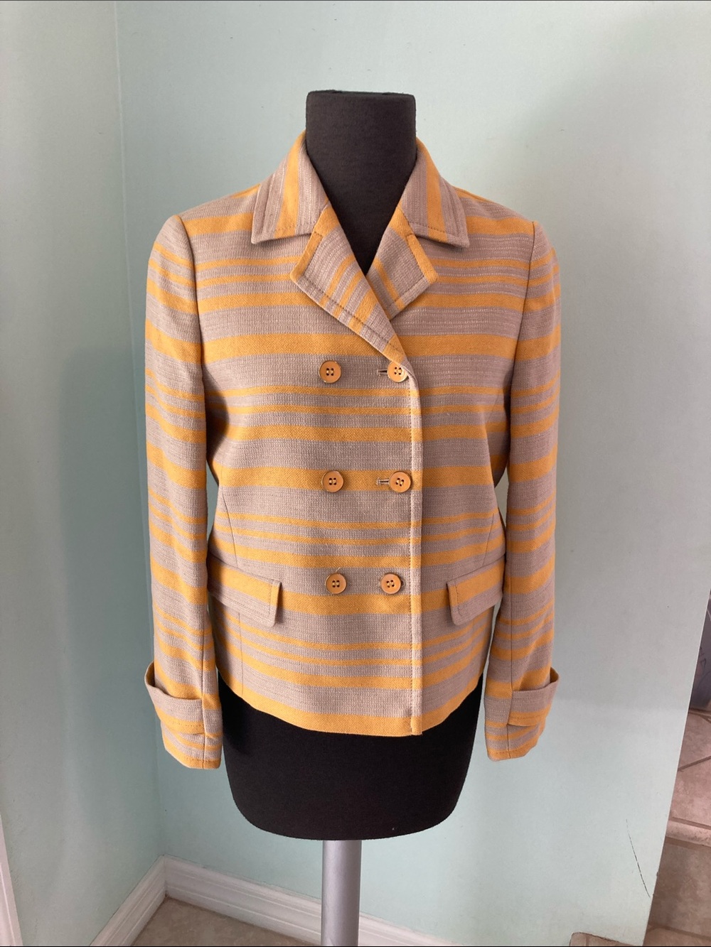Women’s Double-Breasted Striped Jacket in Yellow and Tan